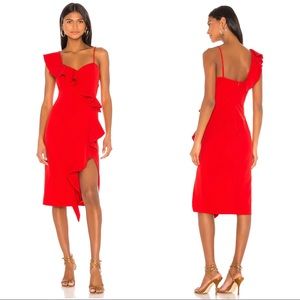 Bardot Destiny Ruffle Midi Frill Dress in Red